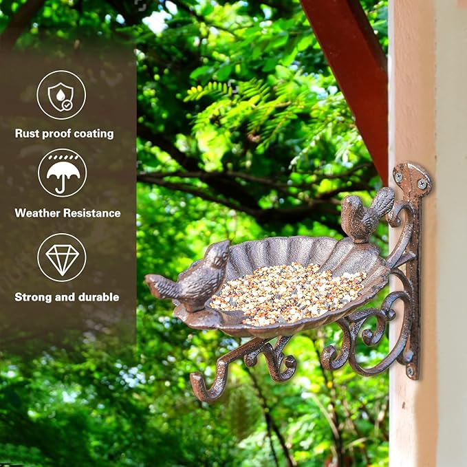 Sungmor Heavy Duty Cast Iron Bird Feeder with Hanging Bracket - Wall Mounted Bird Bath - Vintage & Lovely Birds Hanger Wall Hook for Planters, Lanterns, Wind Chimes and More Garden Decorative Items