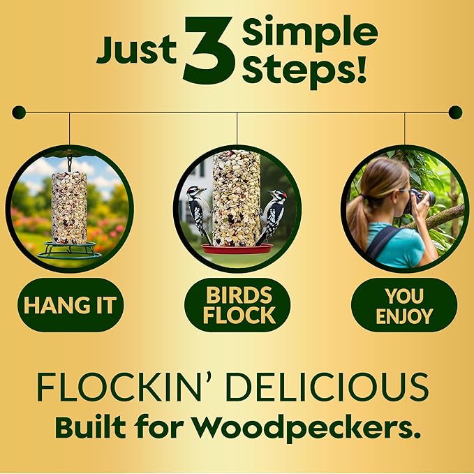 Woodpecker Bird Seed Cylinders with Hole โ Premium Woodpecker Food Blend with Sunflower Chips, Peanuts & Suet โ Natural High Energy Bird Seed, No Filler, No Shell, No Mess โ USA Made (4" x 7.75")