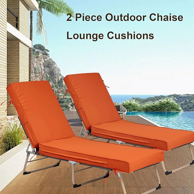 Chaise Lounge Cushions Outdoor Set of 2, Waterproof & Fade Resistant Patio Lounger Cushions, Replacement Sun Lounger Pads with Removable Cover for Pool, Deck, Lawn Furniture