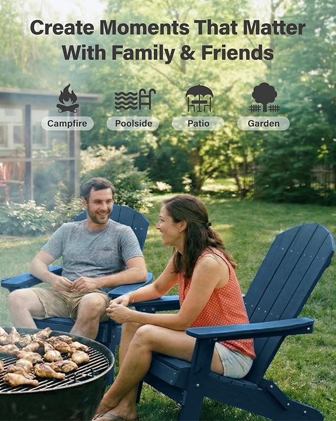 YEFU Adirondack Chair, Oversized Plastic Adirondack Chair Folding Outdoor Chairs with Cup Holder, Lawn Chair with Weather Resistant for Outside Deck Lawn Garden, Weight Capacity Up to 400 Lbs –Navy