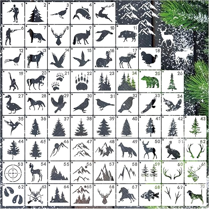 70pcs Wildlife Animal Stencils for Painting, Wood Burning, Nature Stencil Bear, Tree, Deer, Art Craft Canvas, Furniture Wall (70 Animal)