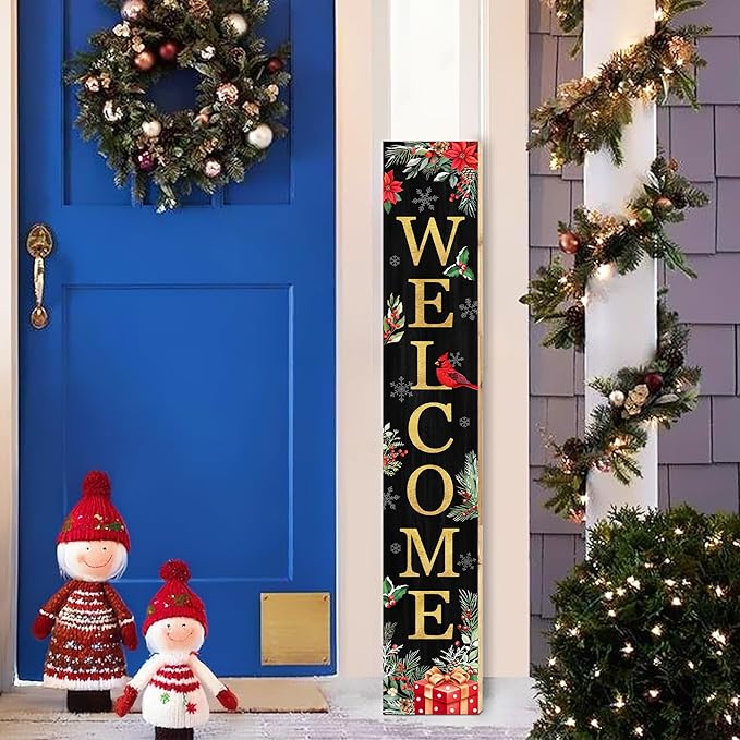 Christmas Welcome Sign for Front Porch Standing, Holly Xmas Themed Wooden Porch Sign for Front Door Decorations, Rustic Farmhouse Hanging Wall Sign for Christmas Winter Decor 47.2" H