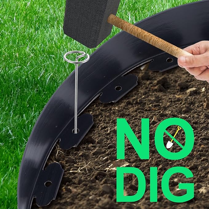 2 in Tall Landscape Edging, 120 ft Garden Border with 90 Metal Spikes, Flexible Plastic for Lawns - Black, No-Dig Design