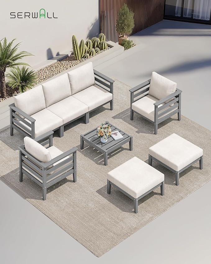 SERWALL HDPE Patio Furniture Set, 6 Pieces Outdoor Sectional Sofa Set, All-Weather Wood-Like Outdoor Sofa Couch with Coffee Table for Deck, Lawn, Grey Frame with Khaki Cushion