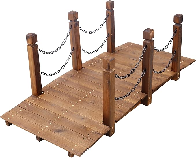 5 ft Garden Bridge for Outdoors, Wooden Bridge Pathway with Chain Railings Decorative Pond Landscaping for Backyard Creek Farm