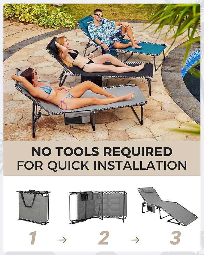 KingCamp Oversized Tanning Chair, Extra-Wide Padded Folding Chase Lounge Chairs Portable Adjustable 5-Position 400lbs Heavy Duty Lounger with Double-Layer Oxford for Outdoor Beach Patio Sun Pool