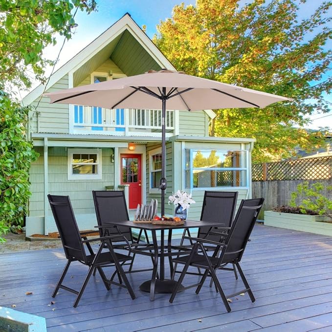 PHI VILLA Outdoor Patio Dining Set for 4 with 9 FT Patio Umbrella, Patio Table and Chairs Set with Adjustable Patio Folding Chairs & Outdoor Dining Table, Beige Umbrella (No Base)