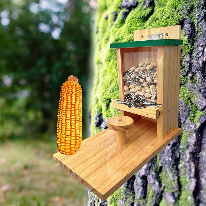 Wooden Squirrel Feeder, Squirrel Feeders for Outside with Corn Cob Holder and Round Stool, Wood Waterproof Picnic Table Funny Chipmunk House Nuts Bar for Backyard Garden Outdoor