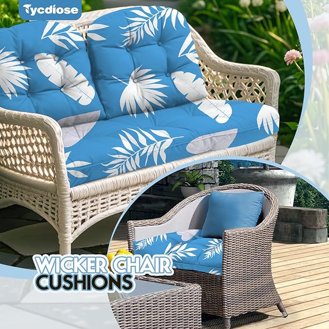 All Weather 3 Piece Wicker Furniture Chair Cushions, Waterproof Outdoor Wicker Chair Cushion for Patio Furniture Loveseat Settee Bench, 1 Loveseat and 2 U-Shaped Thickened Cushions, Blue Leaf