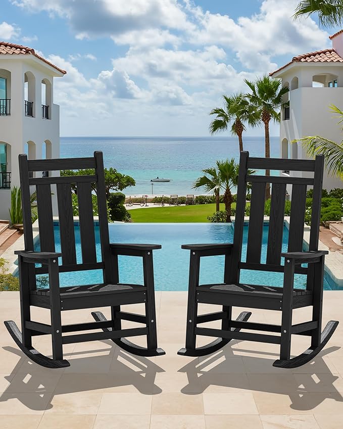 KINGYES Outdoor Rocking Chair, All-Weather Patio Rocking Chairs for Porch, HDPE Rocking Outdoor Chairs with High Back for Adult, Heavy Duty Outdoor Patio Rockers for Garden, Lawn, Black