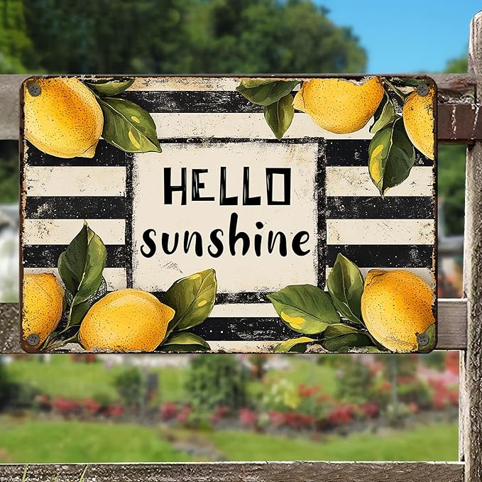 Vintage Metal Sign Hello Sunshine Lemon Summer Spring Farmhouse Retro Tin Sign Metal Poster Vintage Metal Tin Sign Wall Decor for Bars Restaurants Cafes Home Decoration 8x12inch