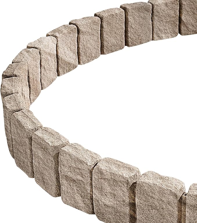 VEVOR Faux Stone Landscape Edging, No Dig Garden Edging Border, Flexible Blocks for Lawn Edging, Flower Beds, Driveway, Yards with 12 Spikes, 4 Pack 24 Bricks 16FT Kit, 47.2" Lx 4" W x 9" H, Beige
