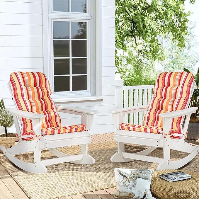 Sundale Outdoor Adirondack Rocking Chair with Cushion, HDPE Patio Plastic All Weather Adirondack Rocker, Water Resistant for Outside, Garden, Pool, Yard, White