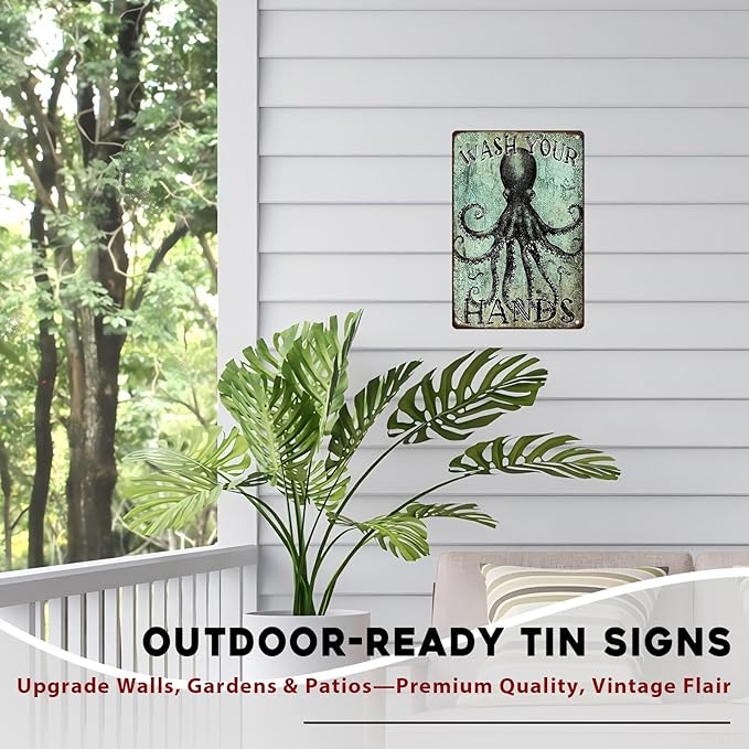 Funny Octopus Metal Tin Sign Wash Your Hands Vintage Tin Signs Bathroom Signs Restroom Decor Guest Wall Decor 8x12inch