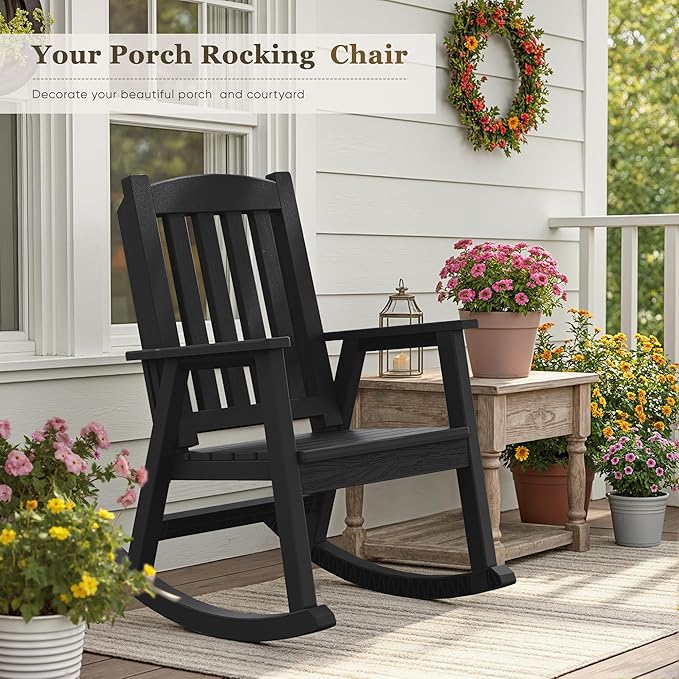 Greesum Outdoor Rocking Chair, 300lbs All-Weather Patio Rocker, Rust-Proof & UV-Resistant, Comfortable Smooth Glide for Deck, Porch, Lawn, or Garden, Black