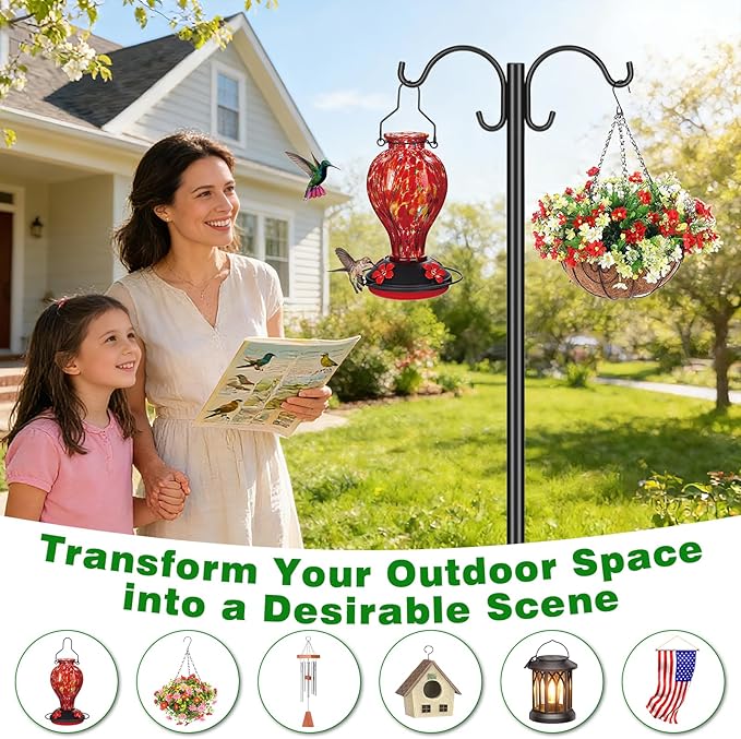 Heavy Duty Double Shepherd Hooks for Outdoor 1-in Dia with 5-Prong Base, 88inch Adjustable Decorative Metal Bird Feeder Pole for Hanging Bird Nest, Plant Basket,Lantern,Solar Light 2 Pack