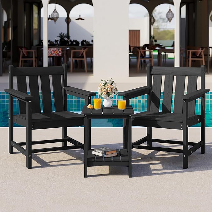 SEWRWALL Patio Furniture Set, HDPE Material All Weather Use Adirondack Chair Set with Side Table for Balcony, Porch, Garden, Backyard- Black
