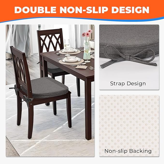 Chair Cushions for Dining Chairs, D-Shaped Seat Cushions with Removable Washable Cover and Ties, Chair Pads for Kitchen, Indoor Dining Room, Patio Chairs, 17'' x 16'', Set of 6, Dark Grey