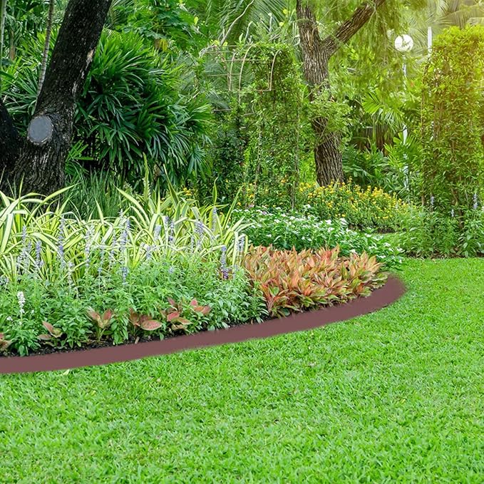 Garden Edging 33FT, 4IN High Landscape Edging Border Plastic Lawn Edging Roll with 50 Spikes for Yards, Flower Bed Edge, Sidewalks, Pathway, Brown