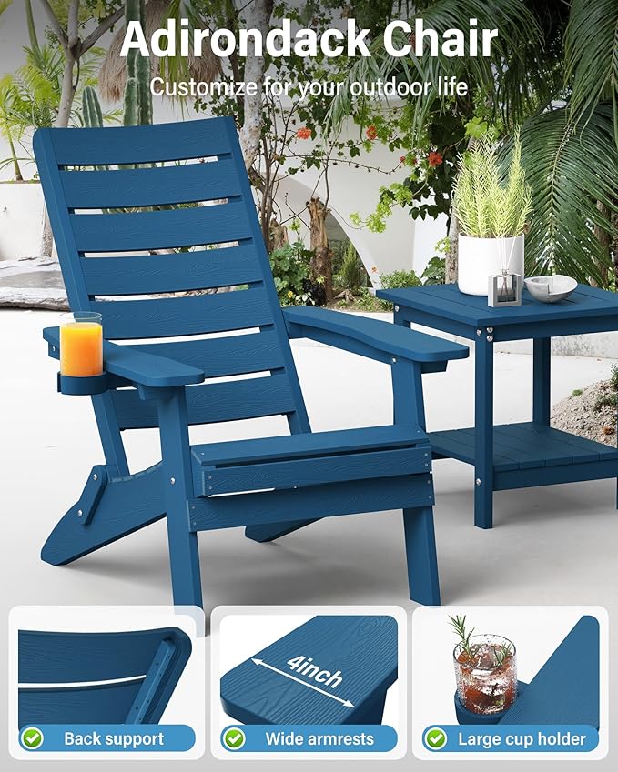 YEFU Adirondack Chair, Folding Adirondack Chairs Set of 4 with Arc Back & Cup Holder, Weather Resistant Plastic Oversized Chair for Outdoor Patio Lawn Garden Backyard Deck Fire Pit, Navy
