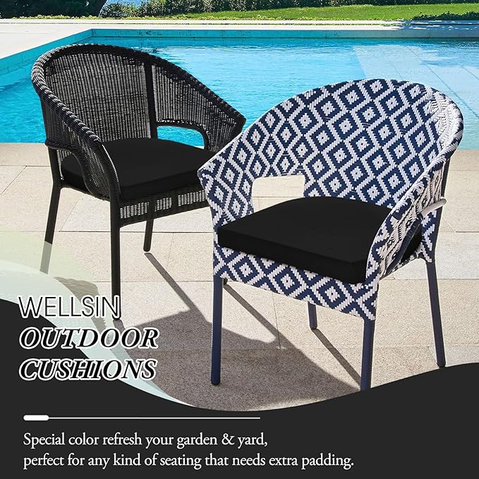 Wellsin Outdoor Chair Cushions for Patio Furniture - Patio Chair Cushions Set of 6 - Water Resistant Round Corner Outdoor Seat Cushions 17"X16"X2", Black