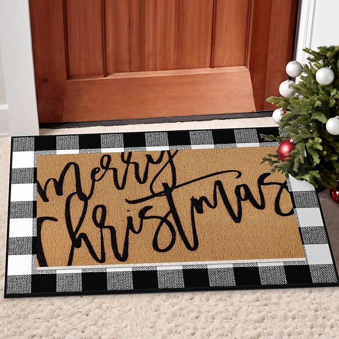 Tinideya 2 Pcs Merry Christmas Door Mat Xmas Welcome Non Slip Coir Mats Black White Buffalo Plaid Floor Layering Doormats Seasonal for Front Porch Entryway Decor(Merry Christmas)