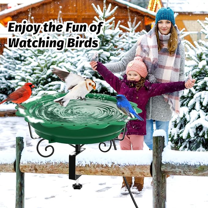 Heated Bird Bath for Deck Railing, Powerful 100W Thermostatically Controlled Heated Bird Baths for Outdoors for Winter, Heated Birdbath Water Heater for Outside Garden Yard Patio Lawn (Green)