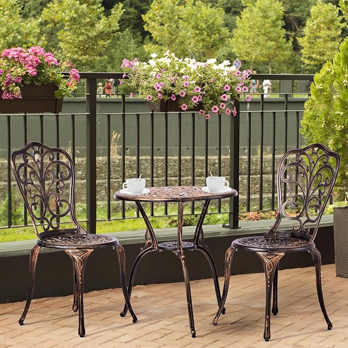VINGLI 3 PCS Outdoor Bistro Set, Outdoor Patio Set, All-Weather Cast Aluminum Bistro Table Set, Bistro Table and Chairs Set of 2 for Backyard, Garden, Balcony (Bronze, Butterfly)