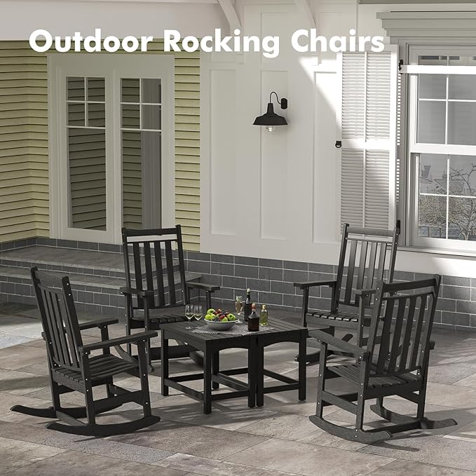 Oversized Outdoor Rocking Chair,All Weather Rocker Chair with More Comfortable Seat Panel for Porch Patio Outside(Black)