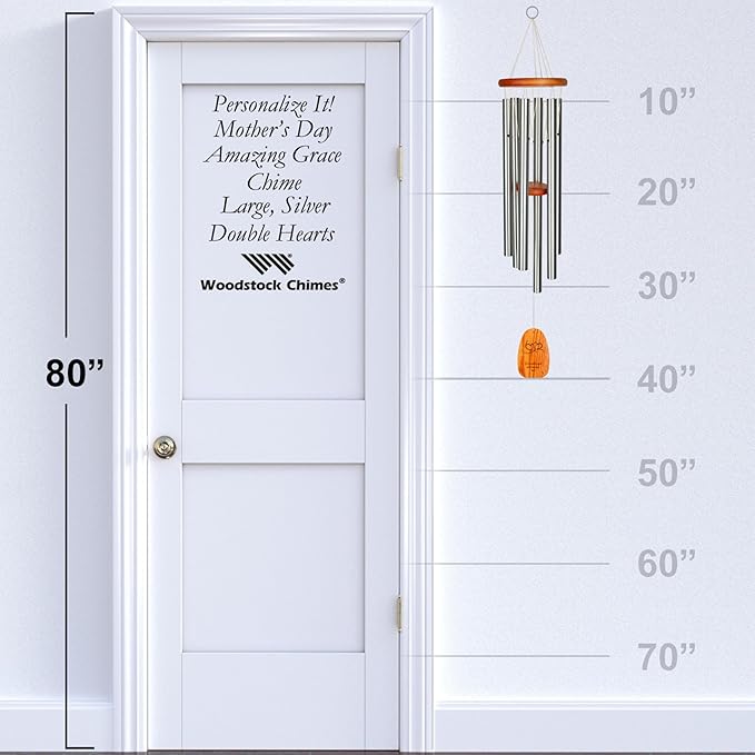 Woodstock Wind Chimes Personalized Amazing Grace Memorial Chime for Outside 40'' Large Silver Customized Double Heart Wind Chime for Outdoor Patio Home Garden Decor & Wedding Gift (P-AGLS15)