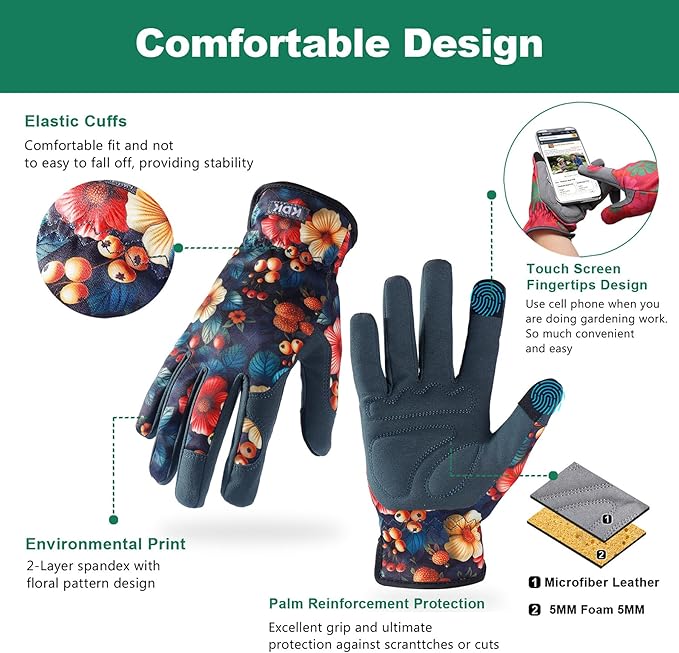 Gardening Gloves for Women, Flexible Breathable Garden Gloves, Leather Working Gloves for Weeding, Digging and Pruning (Flowers and Berries, Small)