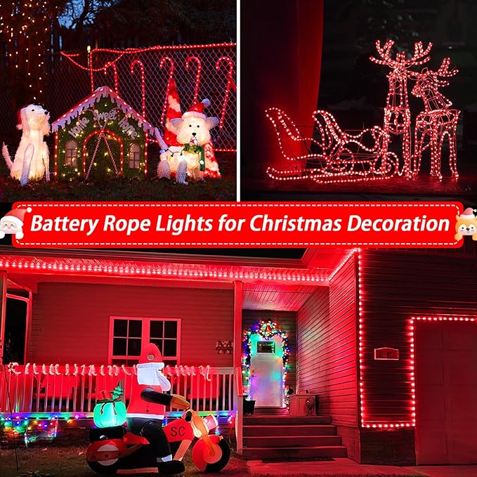JMEXSUSS 2 Pack Red String Lights Battery Operated Rope Lights Outdoor, Total 200LED 8 Mode Christmas Light with Remote/Timer, Red Outdoor Light for Garden Tree Yard Valentines Day Decorations