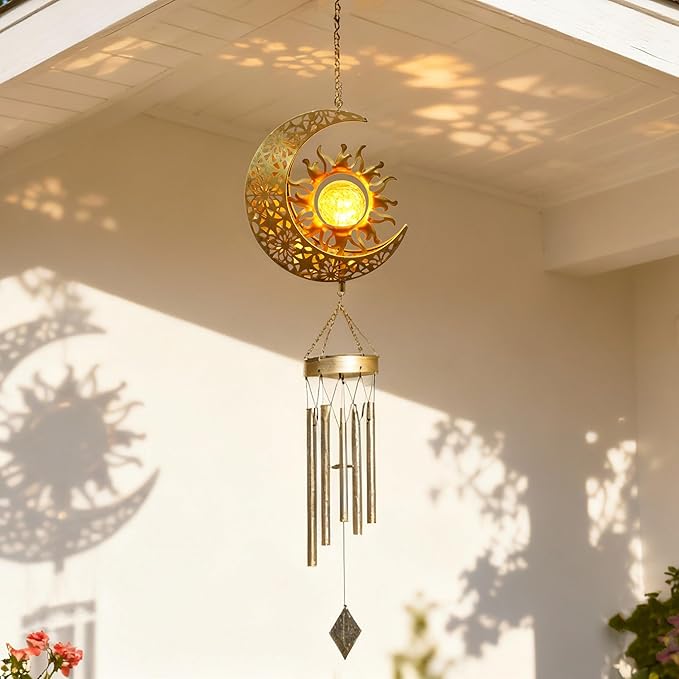 YAKii Sun Moon Solar Wind Chimes for Outside Lights Prefert Gifts for Mom Wife Unique Crackle Glass LED Warm Light Outdoor Hanging Decor Windchimes for Garden Yard Patio Christmas Birthday Mothers Day