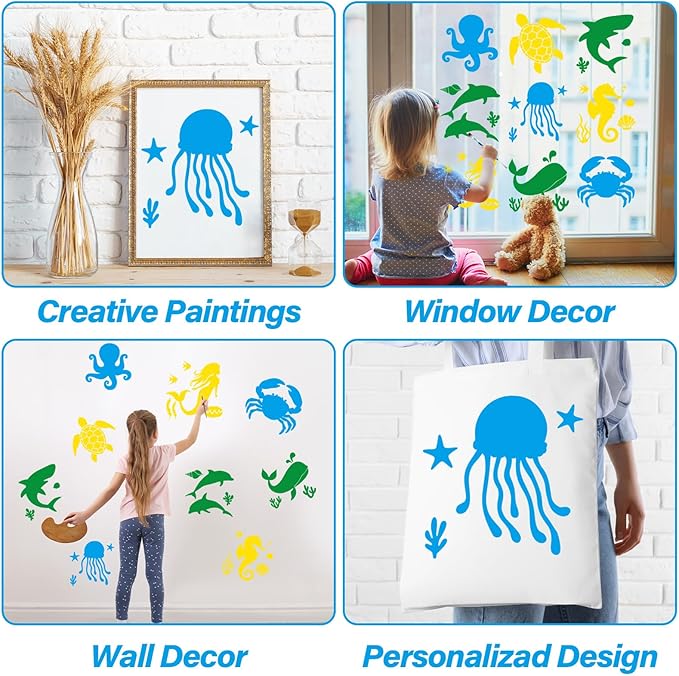 36pcs Ocean Animal Drawing Stencils for Kids 8 Inch Sidewalk Chalk Stencils Painting Large Washable Reusable Sea Animal Themed Primary Shape Template for Kids Toddlers Preschool