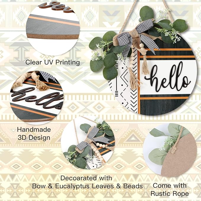 CHDITB Boho 3D Hello Front Door Wreath Sign(12"x12"), Farmhouse Front Door Porch Decor with Eucalyptus Leaves Plaid Bow Bead, Rustic All Seasons Door Hanger Decoration Hanging for Office Home