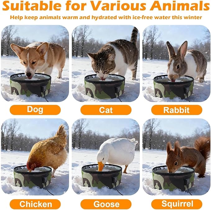 3L Heated Water Bowl for Pets -USB Powered, Foldable, Waterproof for Dogs, Cats, Squirrels, Rabbits, Chickens, and Bird - 3L Capacity – Winter Outdoor Use – Keeps Water from Freezing in Snowy Weather