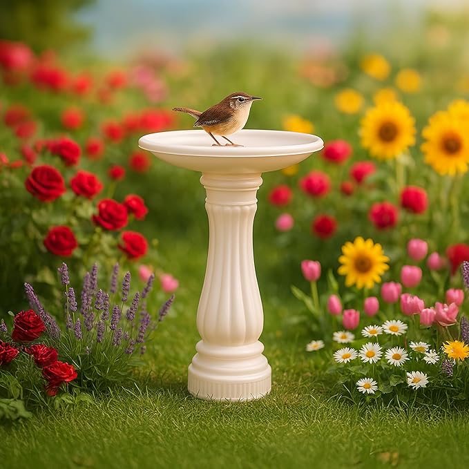 Bird Bath for Outside, Round Outdoor Patio Lawn and Garden Decor with Fillable Base for Stability, 17"D x 25"H, White