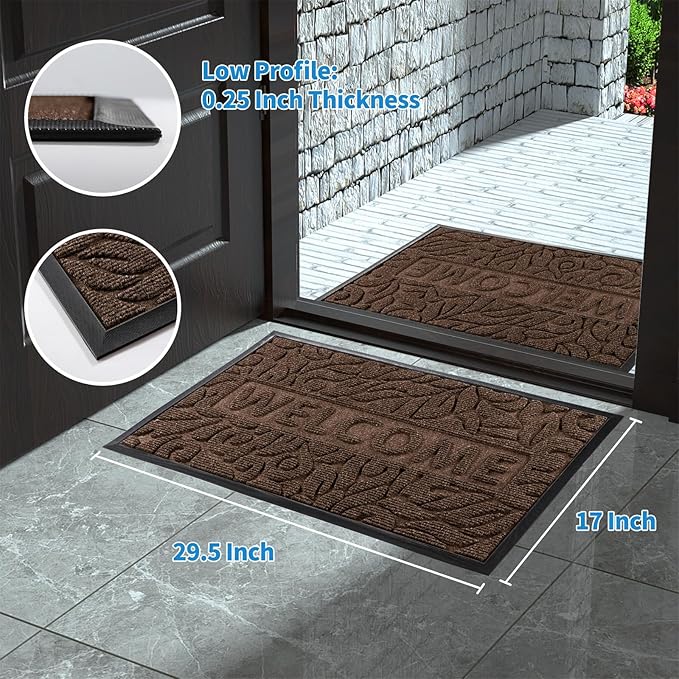 Yimobra Welcome Mat Outdoor 29.5x17, Waterproof Non-Slip Outdoor Mats for Front Door Outside Entrance, Low-Profile Entryway Mat Indoor for Garage Patio, Coffee