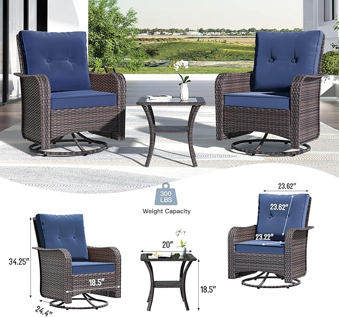 Kullavik 9 Pieces Outdoor Patio Furniture Set,PE Wicker Rattan Sectional Sofa Patio Conversation Sets with Tempered Glass Table,Swivel Rocking Chairs Set,Navy Blue