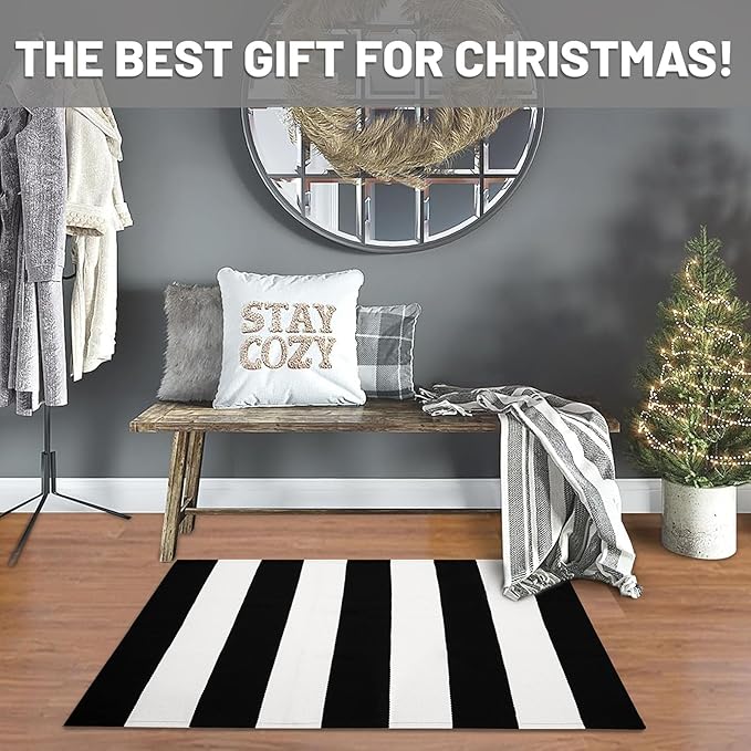 IOHOUZE Black White Striped Rug -24" x36“ Front Door Mats Outdoor,Washable Rug for Front Porch Decor,Spring Summer Welcome Mats Outdoor Indoor, Doormat for Farmhouse/Entryway/Home Entrance