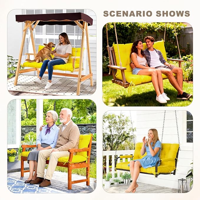 Porch Swing Cushion with Backrest,Waterproof Bench Cushion for Outdoor Furniture,2-3 Seater Replacement Thickened Swing Cushion with Ties,Patio,Outdoor,Backyard and Garden (Yellow,40x40)
