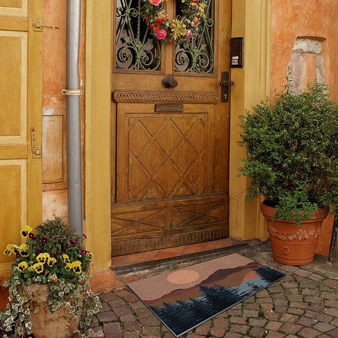 Nogrit Abstract Boho Sun Sunset Mountain Woodland Nature Landscape Waterproof Door Mat Outdoor Entrance 17x30 Inch Non-Slip Doormat for Bohemian Home Front Door Porch Outdoor Indoor Decorations