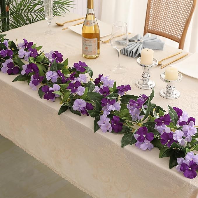 Floweroyal 6 Pack Artificial Flower Garlands 15.8FT Fake Impatiens Vines Silk Flowers Hanging Impatien Ivy for Wedding Arch Party Home Garden Wall Decor (Purple)