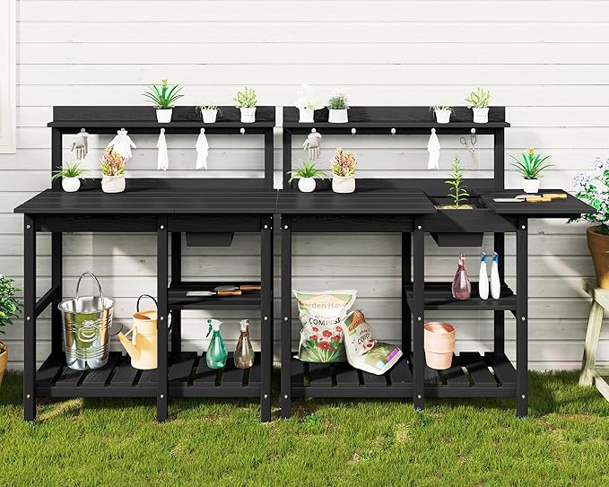 SERWALL Outdoor Potting Bench with Removeable Sink,Rot-Resistant HDPE Potting Table for Outside Gardening, All Weather Use - Black