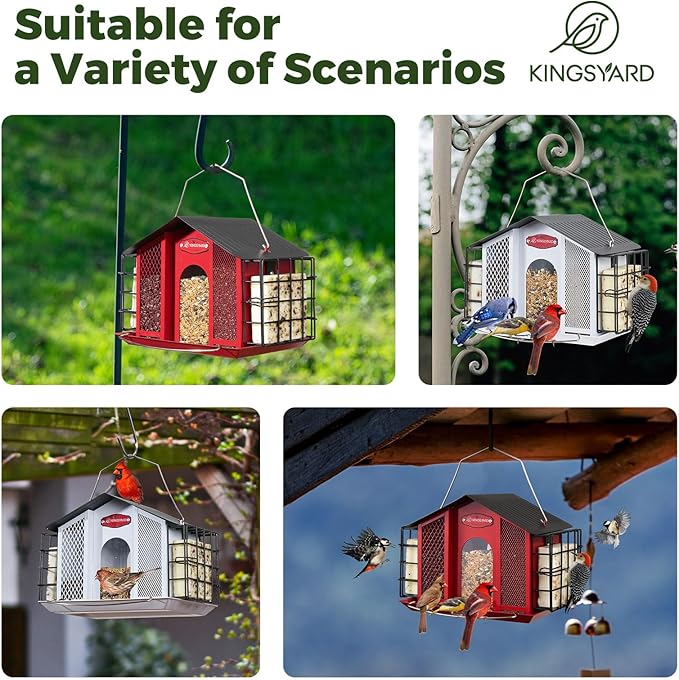 Kingsyard Large Metal Bird Feeders for Outdoors Hanging with Weatherproof Roof, 4 in 1 Removable Double Suet Feeder for Woodpecker, 4 Lbs Capacity for Cardinal Finch Chickadee, White