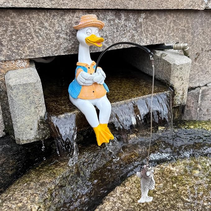 Garden Duck Outdoor Fishing Koi Statue, Goose Statues Decorations for Yard 9.7'' Fishing Duck Sculpture Garden Decor, Fishing Guy for Waterfalls or Koi Pond Decor, Gifts for Women, Mom or Birthdays