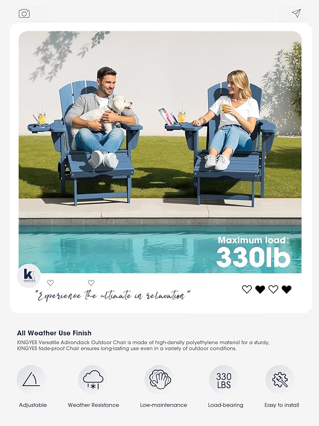 KINGYES Adjustable Folding Adirondack Chair with Footrest & 4-in-1 Multi-Functional Armrest Organizer, HDPE Foldable Recliner Adirondack Chair with Pull-Out Ottoman, Blue