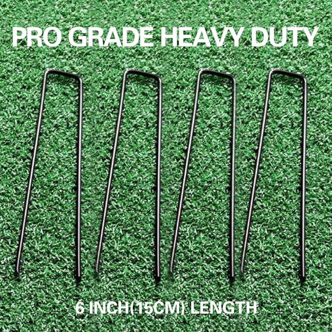 Bakulyor 200pcs Black Landscape Staples + 200pcs Buffer Washer, 6 Inch 11 Gauge Garden Stakes Staples, U Shaped Galvanized Lawn Pins Heavy Duty Yard Ground Pin for Weed Barrier Sod Fabric Decorations