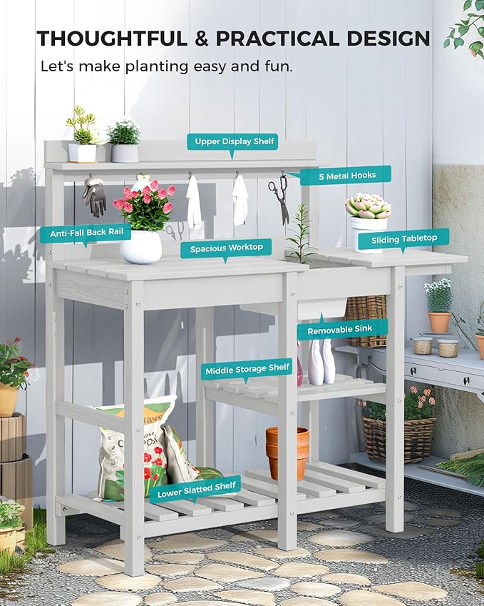SERWALL Outdoor Potting Bench 2-Piece Set, Rot-Resistant HDPE Potting Table with Removable Sink for Outside Gardening, All-Weather Use - Spanish Gray