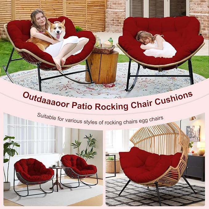 Outdoor Rocking Chair Cushion – Waterproof Wicker Egg Chair Replacement Pad, Thick Papasan Seat Cushion with Ties for Indoor & Outdoor Patio, Porch, Balcony, or Garden (Red)
